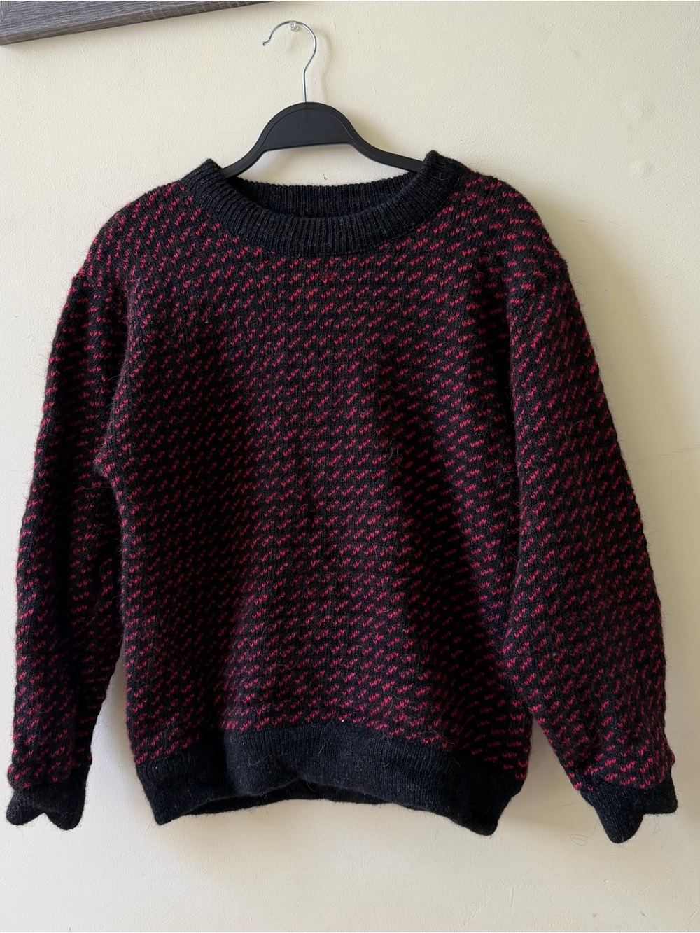 L.L. Bean Black and Red Patterned Knit Crewneck Sweater